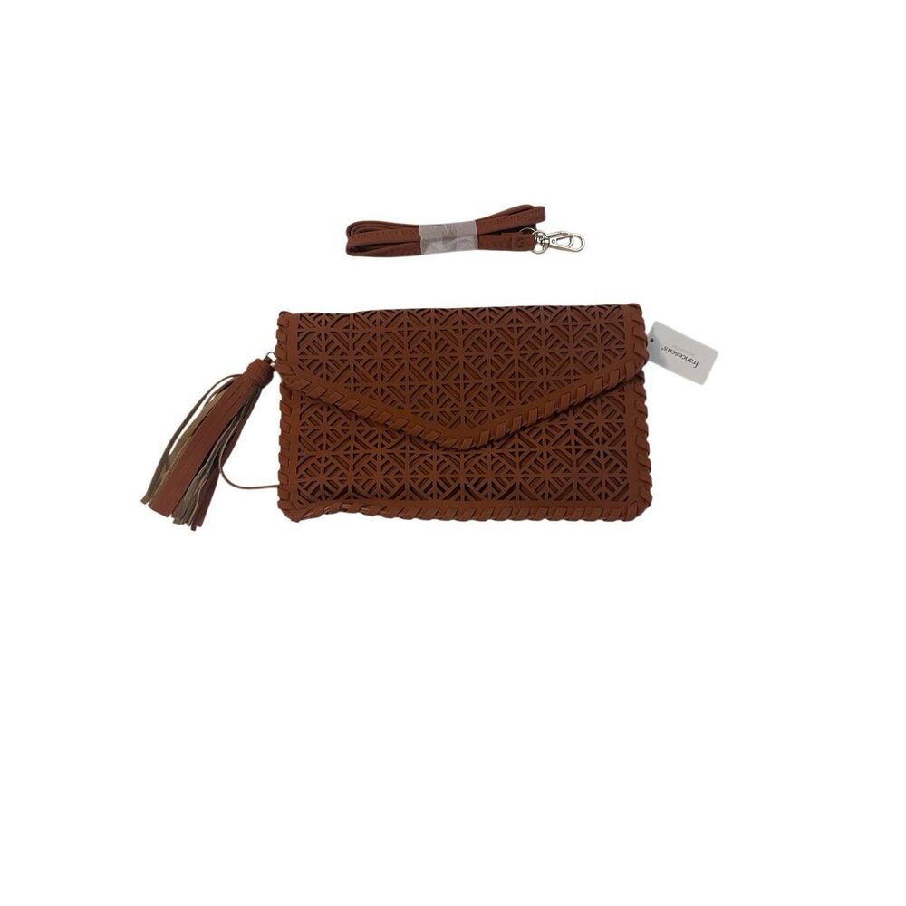 Francesca's Tan Suede Leather Whip Stitch Envelope Crossbody Clutch Bag NWT